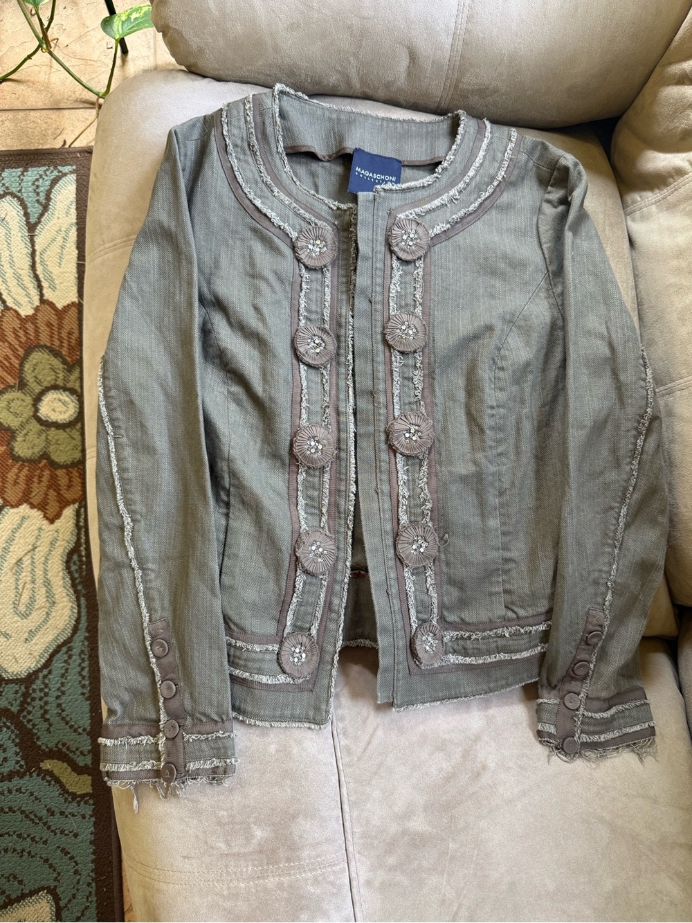 Magaschoni Olive Green Embellished Military-Style 100% Cotton Jacket